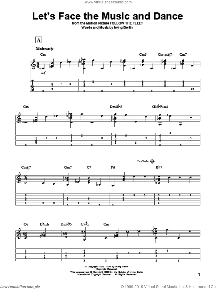 Let's Face The Music And Dance sheet music for guitar solo by Irving Berlin and Dick Hyman, intermediate skill level