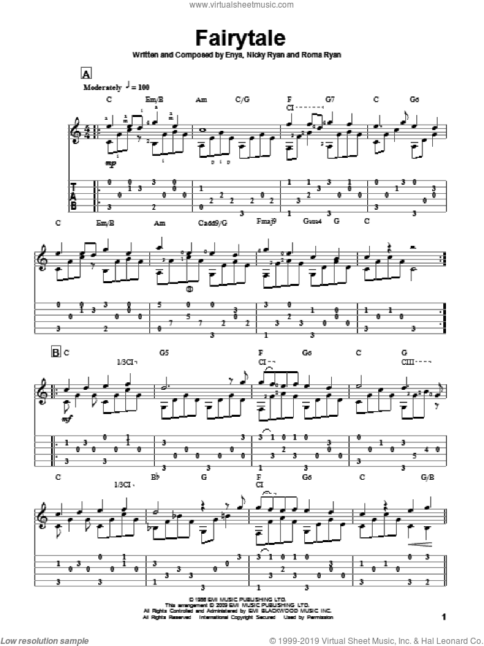 Fairytale sheet music for guitar solo by Enya, Nicky Ryan and Roma Ryan, intermediate skill level