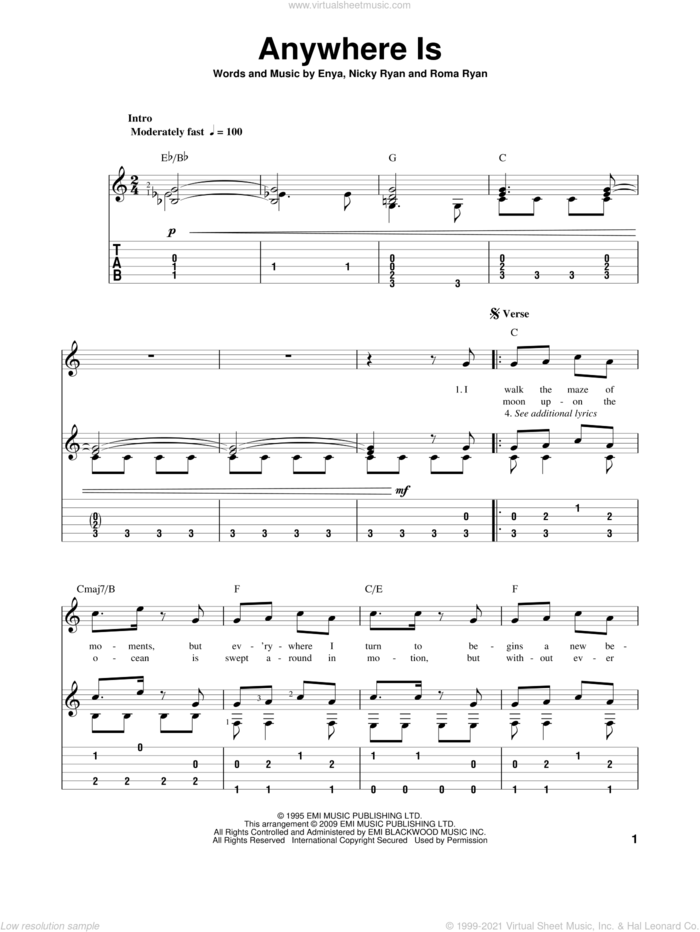 Anywhere Is sheet music for guitar solo by Enya, Nicky Ryan and Roma Ryan, intermediate skill level