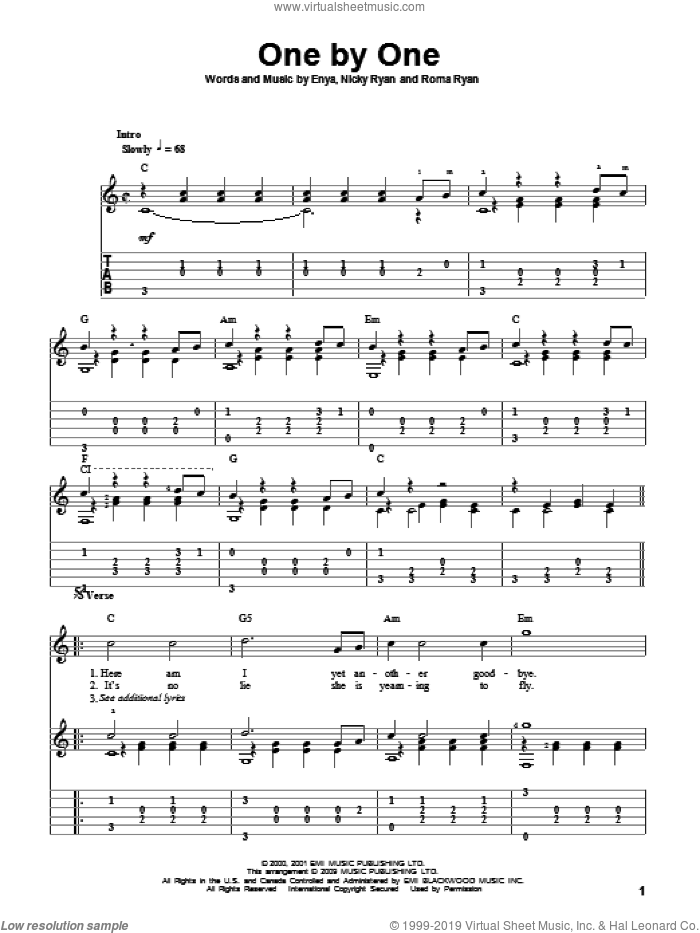 One By One sheet music for guitar solo by Enya, Nicky Ryan and Roma Ryan, intermediate skill level