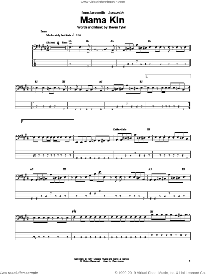 Mama Kin sheet music for bass (tablature) (bass guitar) by Aerosmith and Steven Tyler, intermediate skill level