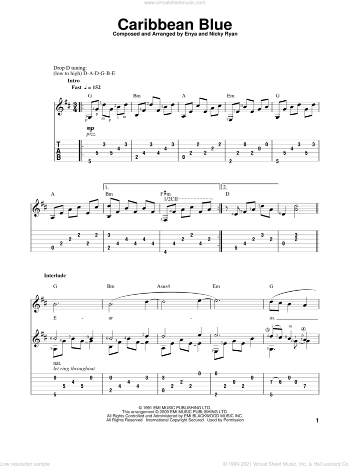 Caribbean Blue sheet music for guitar solo by Enya and Nicky Ryan, intermediate skill level
