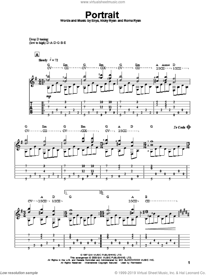 Portrait sheet music for guitar solo by Enya, Nicky Ryan and Roma Ryan, intermediate skill level