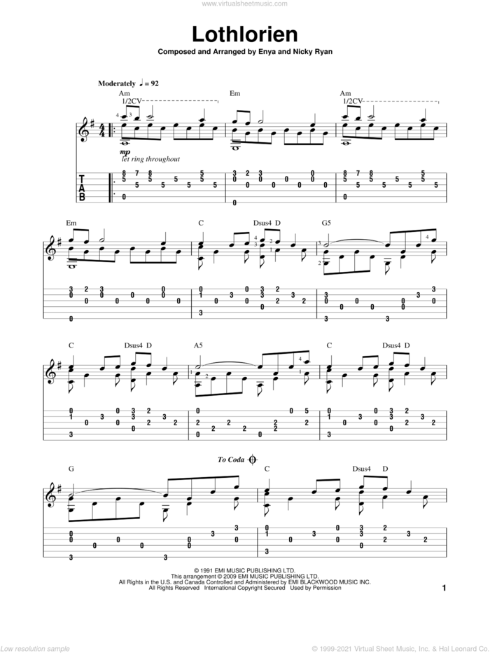 Lothlorien sheet music for guitar solo by Enya and Nicky Ryan, intermediate skill level