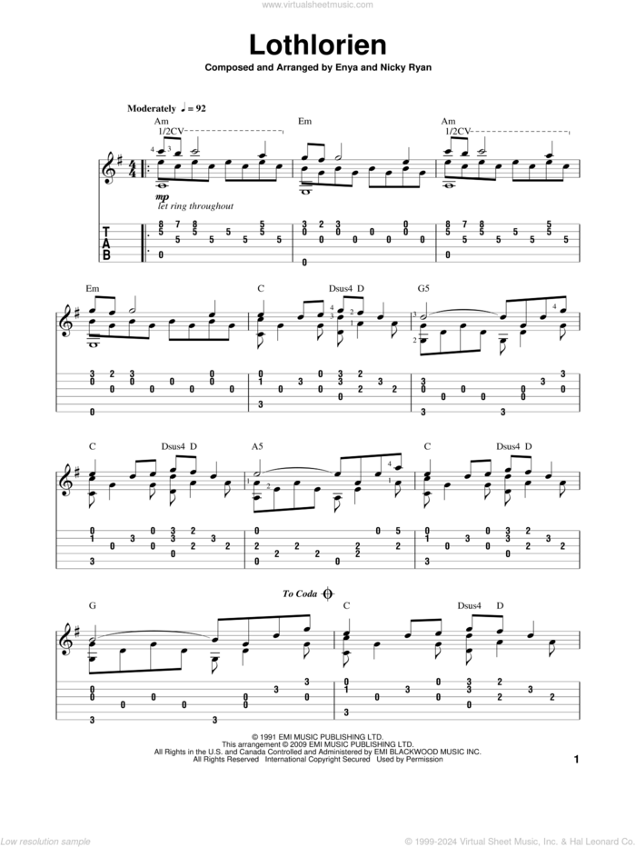 Lothlorien sheet music for guitar solo by Enya and Nicky Ryan, intermediate skill level