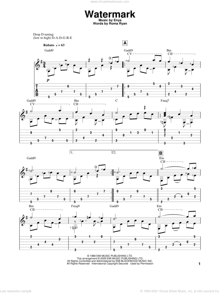 Watermark sheet music for guitar solo by Enya and Roma Ryan, intermediate skill level