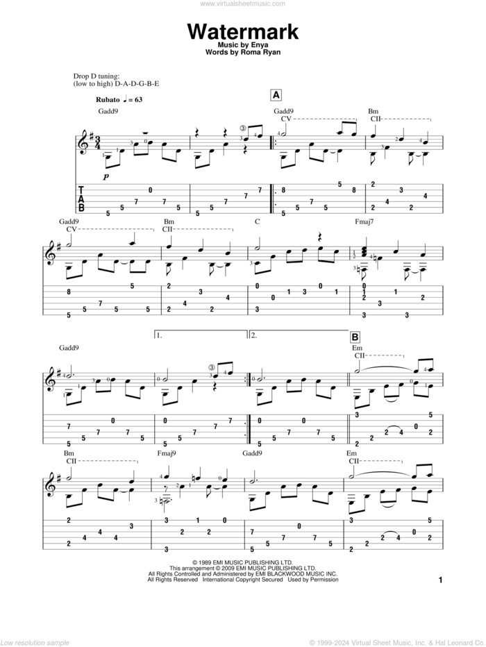 Watermark sheet music for guitar solo by Enya and Roma Ryan, intermediate skill level