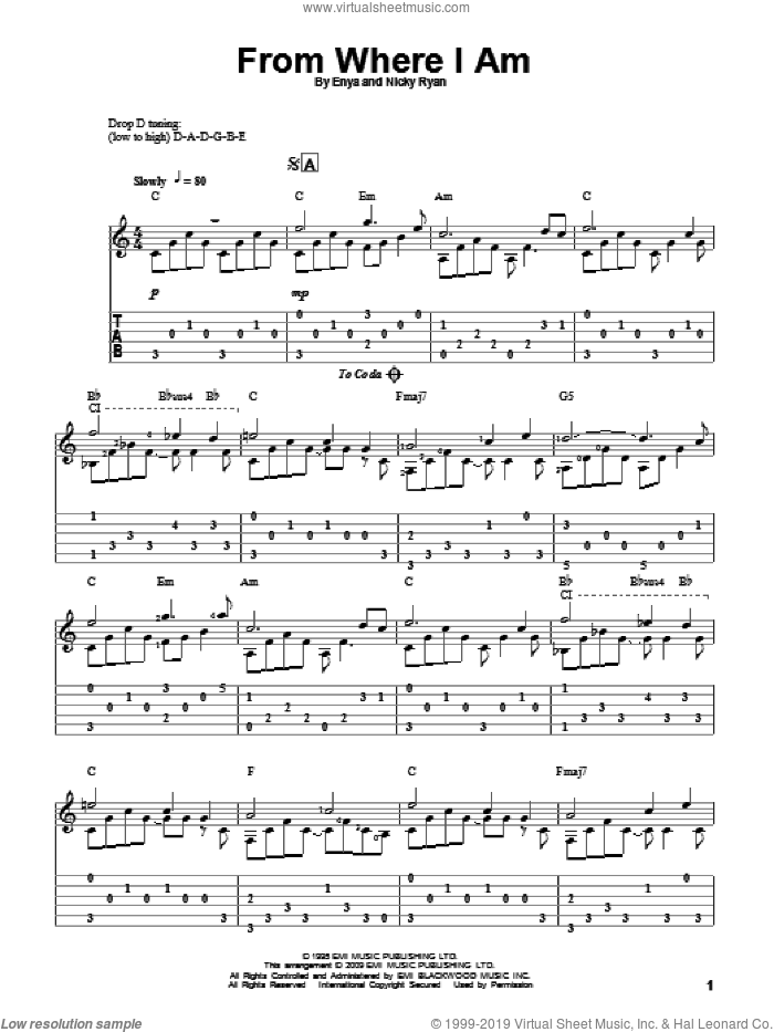 From Where I Am sheet music for guitar solo by Enya and Nicky Ryan, intermediate skill level