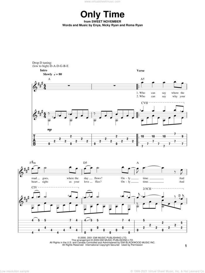 Only Time sheet music for guitar solo by Enya, Nicky Ryan and Roma Ryan, intermediate skill level
