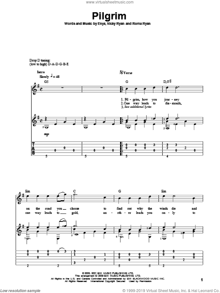 Pilgrim sheet music for guitar solo by Enya, Nicky Ryan and Roma Ryan, intermediate skill level