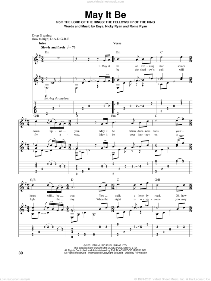 May It Be sheet music for guitar solo by Enya, Nicky Ryan and Roma Ryan, intermediate skill level