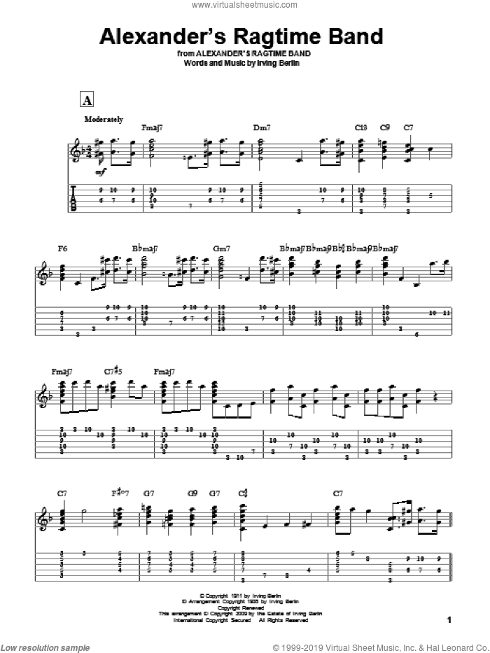 Alexander's Ragtime Band sheet music for guitar solo by Irving Berlin, intermediate skill level