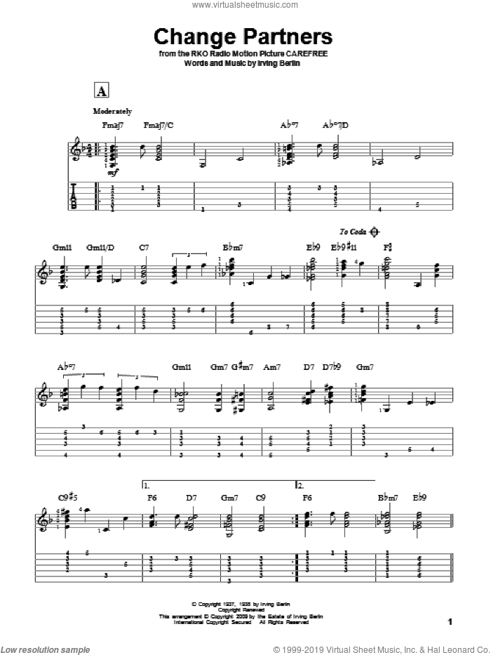 Change Partners sheet music for guitar solo by Irving Berlin, intermediate skill level