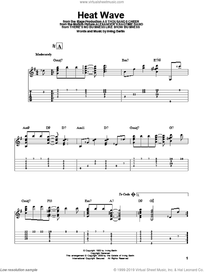 Heat Wave sheet music for guitar solo by Irving Berlin, intermediate skill level