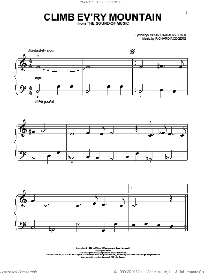 Climb Ev'ry Mountain sheet music for piano solo by Rodgers & Hammerstein, The Sound Of Music (Musical), Oscar II Hammerstein and Richard Rodgers, beginner skill level