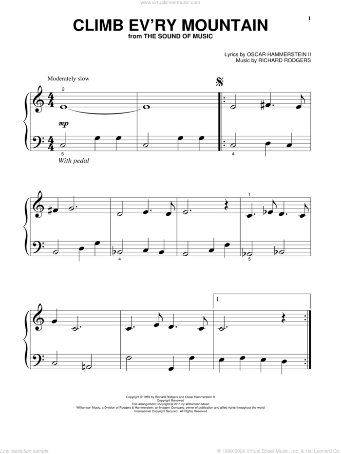 Climb Ev'ry Mountain sheet music for piano solo by Rodgers & Hammerstein, The Sound Of Music (Musical), Oscar II Hammerstein and Richard Rodgers, beginner skill level