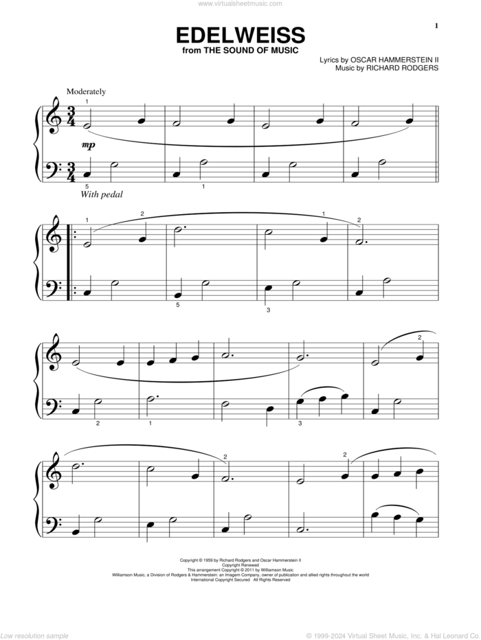 Edelweiss sheet music for piano solo by Rodgers & Hammerstein, The Sound Of Music (Musical), Oscar II Hammerstein and Richard Rodgers, beginner skill level