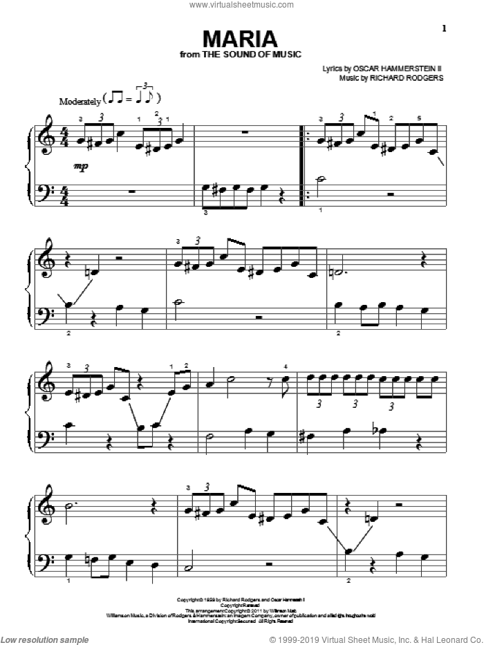 Maria sheet music for piano solo by Rodgers & Hammerstein, The Sound Of Music (Musical), Oscar II Hammerstein and Richard Rodgers, beginner skill level