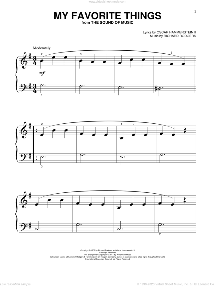 My Favorite Things, (beginner) sheet music for piano solo by Rodgers & Hammerstein, The Sound Of Music (Musical), Oscar II Hammerstein and Richard Rodgers, beginner skill level