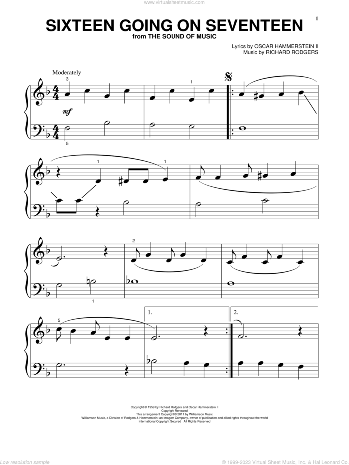 Sixteen Going On Seventeen sheet music for piano solo by Rodgers & Hammerstein, The Sound Of Music (Musical), Oscar II Hammerstein and Richard Rodgers, beginner skill level