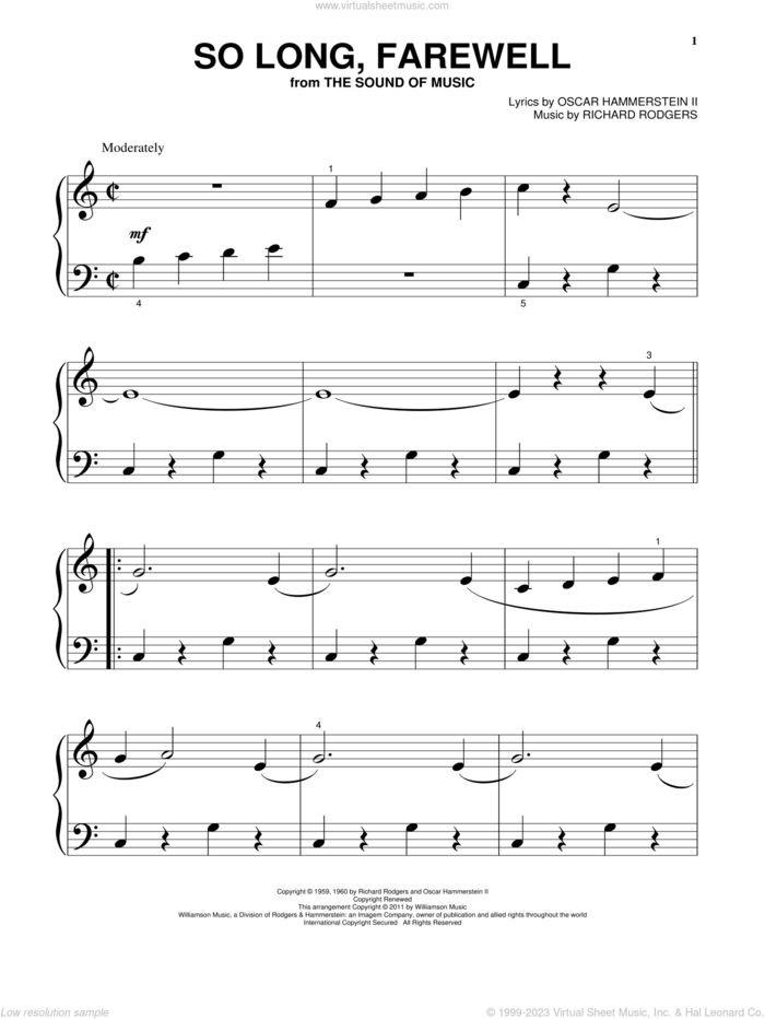 So Long, Farewell sheet music for piano solo by Rodgers & Hammerstein, The Sound Of Music (Musical), Oscar II Hammerstein and Richard Rodgers, beginner skill level