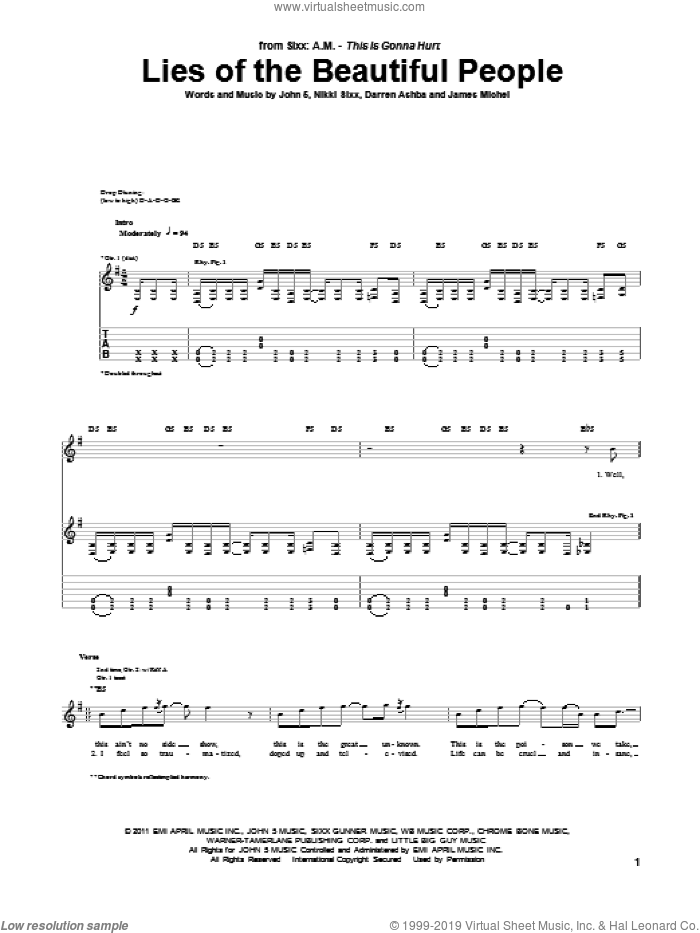 Lies Of The Beautiful People sheet music for guitar (tablature) by Sixx A.M., Darren Ashba, James Michel, John5 and Nikki Sixx, intermediate skill level