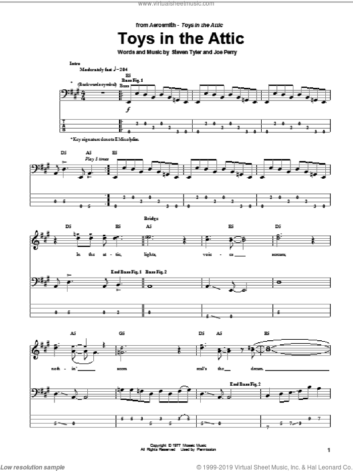 Toys In The Attic sheet music for bass (tablature) (bass guitar) by Aerosmith, Joe Perry and Steven Tyler, intermediate skill level