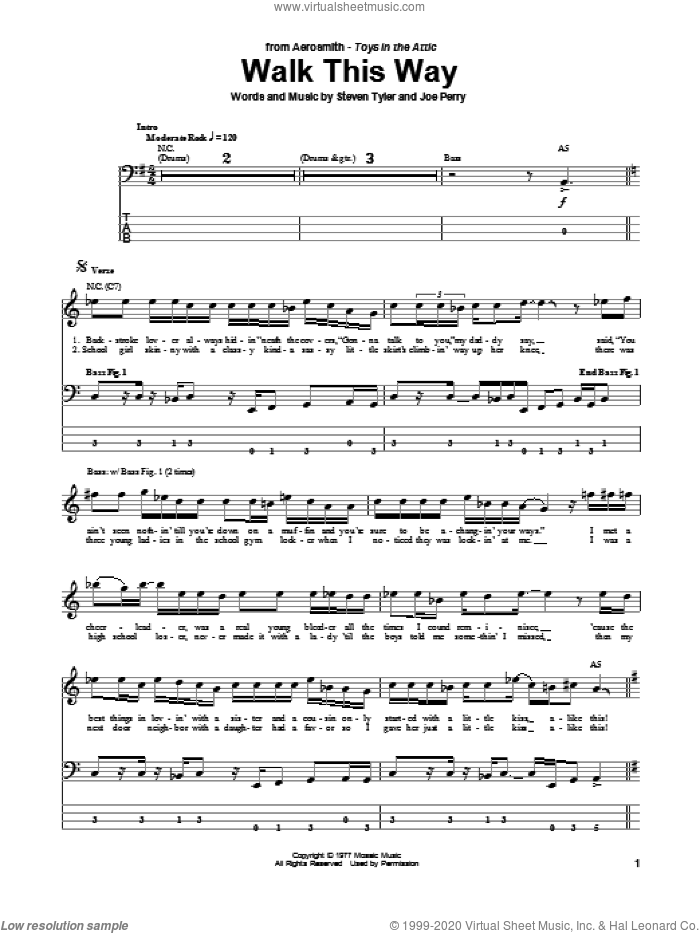 Walk This Way sheet music for bass (tablature) (bass guitar) by Aerosmith, Run D.M.C., Joe Perry and Steven Tyler, intermediate skill level
