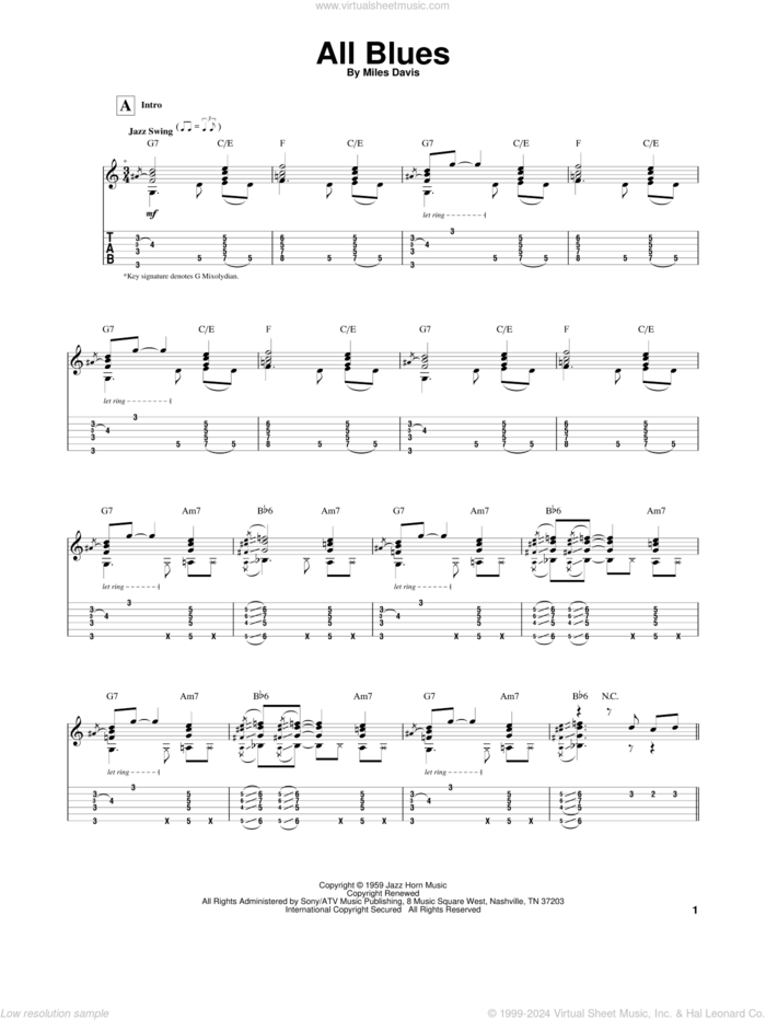 All Blues sheet music for guitar solo by Miles Davis and John Coltrane, intermediate skill level