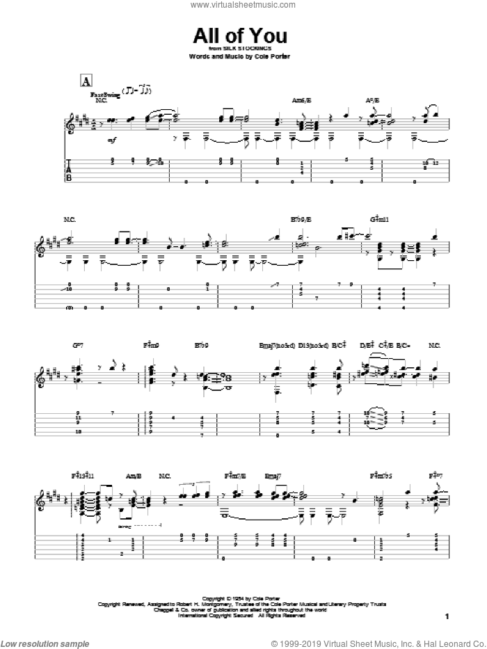 All Of You sheet music for guitar solo by Miles Davis and Cole Porter, intermediate skill level