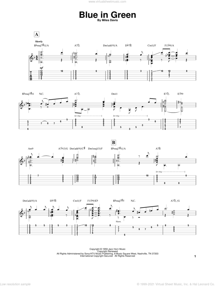 Blue In Green sheet music for guitar solo by Miles Davis, intermediate skill level