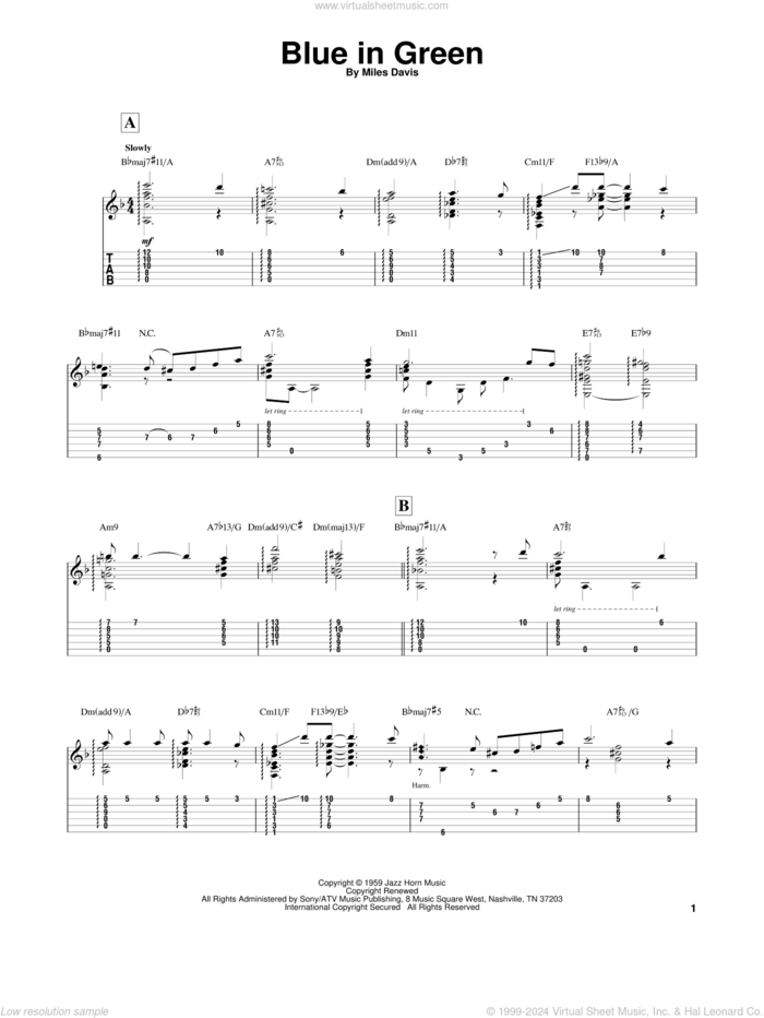 Blue In Green sheet music for guitar solo by Miles Davis, intermediate skill level