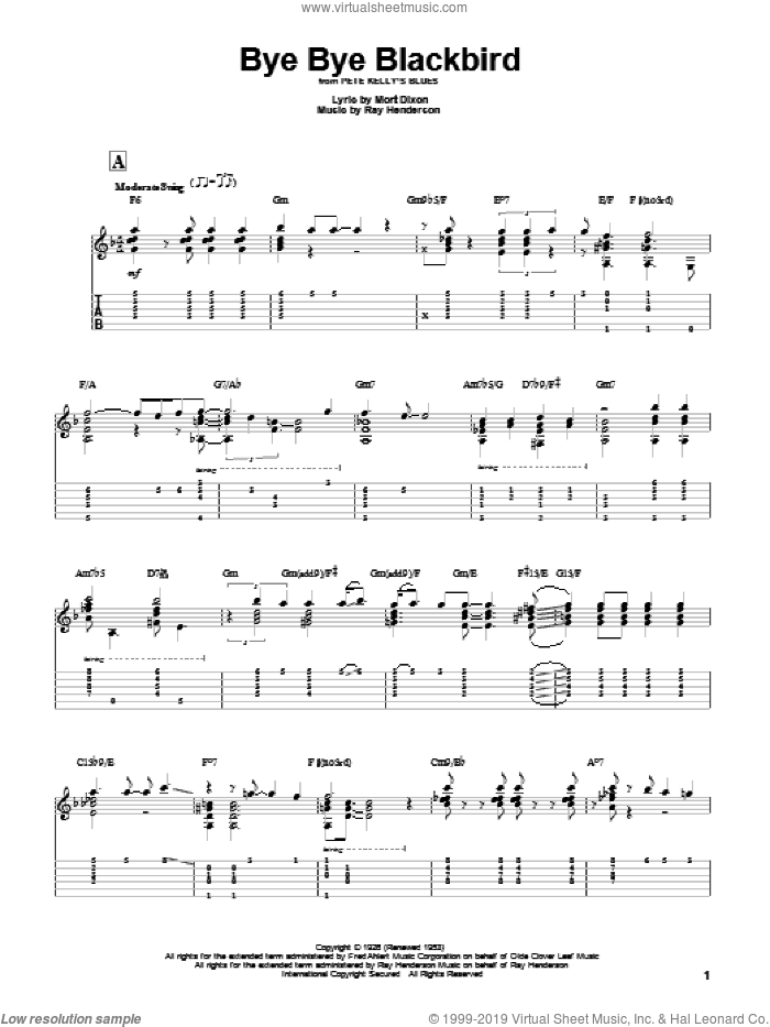 Bye Bye Blackbird sheet music for guitar solo by Miles Davis and Mort Dixon, intermediate skill level