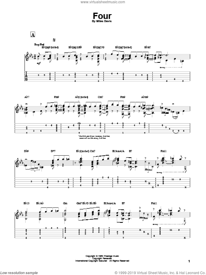 Four sheet music for guitar solo by Miles Davis and John Coltrane, intermediate skill level