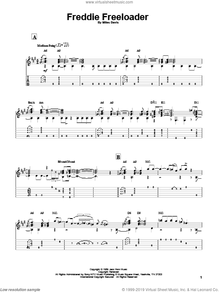 Freddie Freeloader sheet music for guitar solo by Miles Davis, intermediate skill level