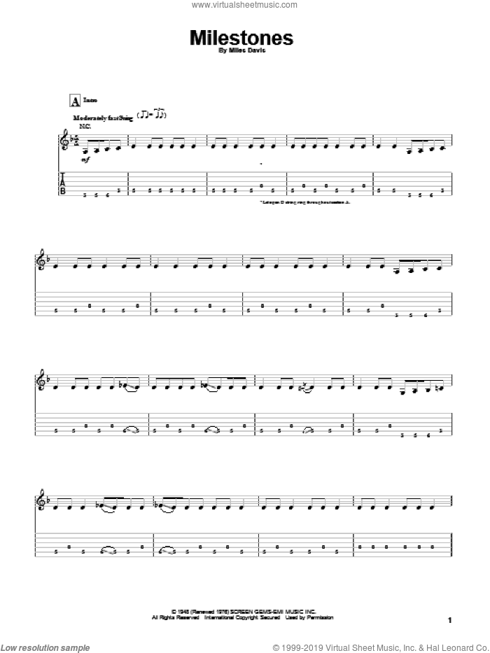Milestones sheet music for guitar solo by Miles Davis, intermediate skill level