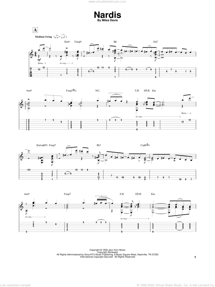 Nardis sheet music for guitar solo by Miles Davis and Bill Evans, intermediate skill level