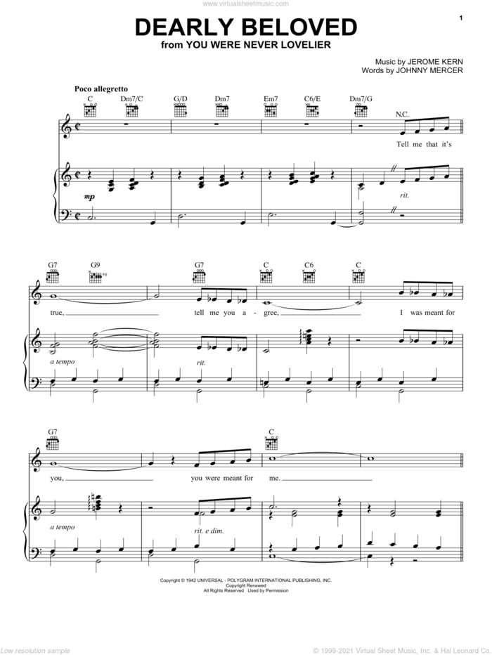 Dearly Beloved sheet music for voice, piano or guitar by Jerome Kern and Johnny Mercer, intermediate skill level