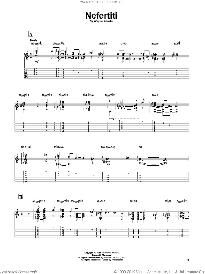 Nefertiti sheet music for guitar solo by Miles Davis and Wayne Shorter, intermediate skill level