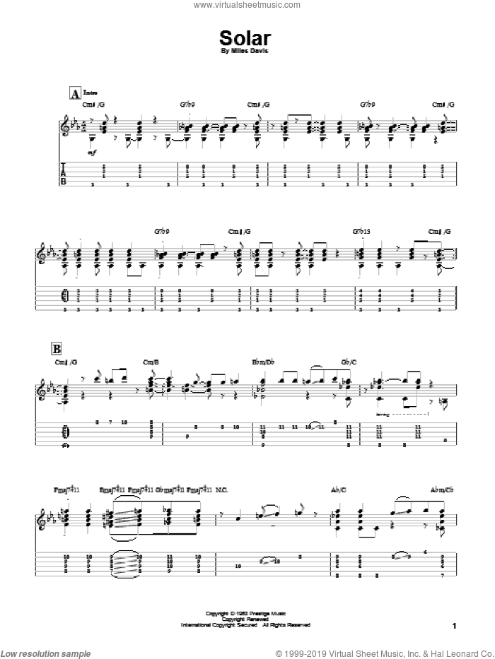 Solar sheet music for guitar solo by Miles Davis, intermediate skill level
