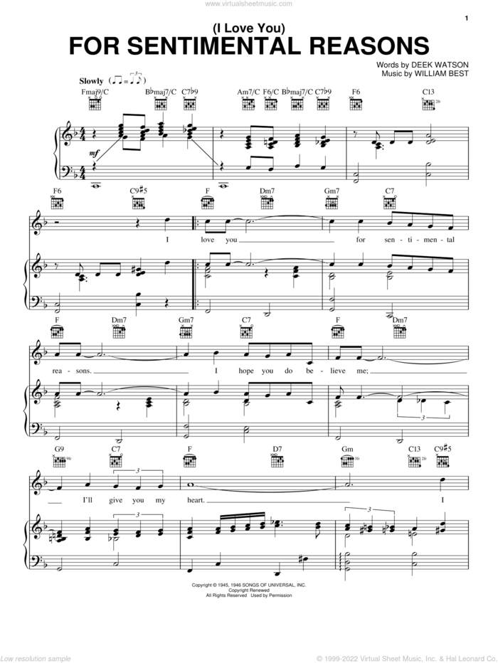 (I Love You) For Sentimental Reasons sheet music for voice, piano or guitar by Nat King Cole, Dean Martin, Ella Fitzgerald, Deek Watson and William Best, wedding score, intermediate skill level
