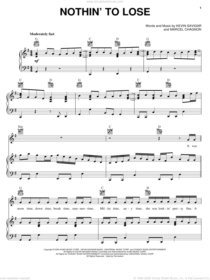 Nothin' To Lose sheet music for voice, piano or guitar by Josh Gracin, Kevin Savigar and Marcel Chagnon, intermediate skill level