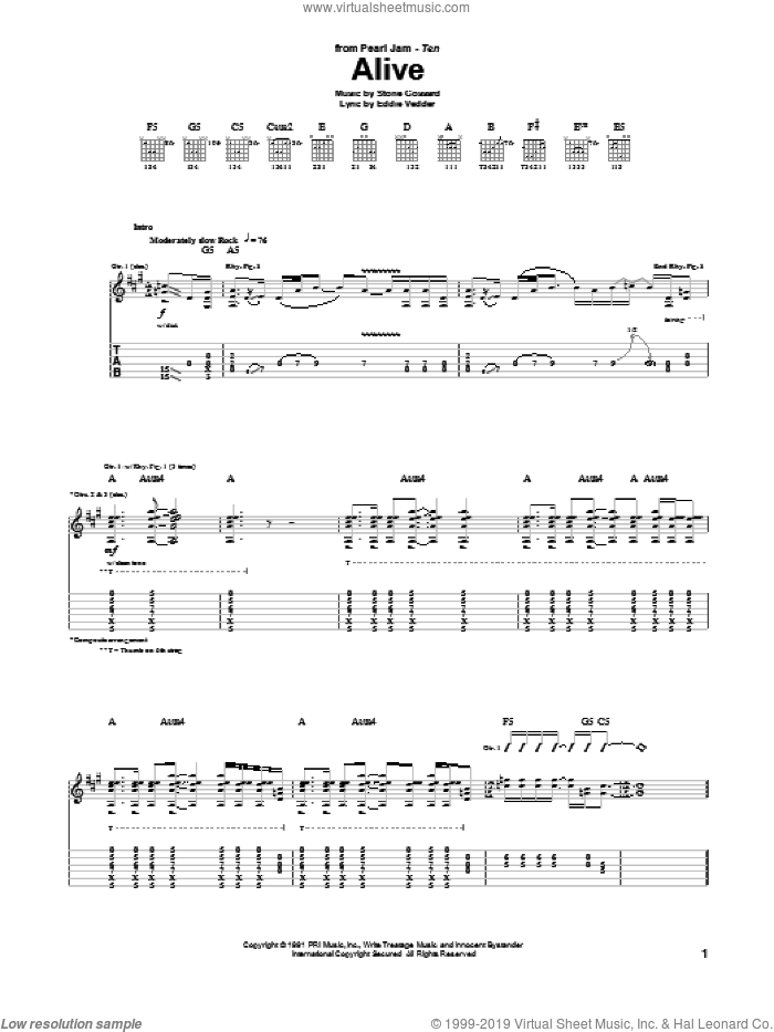 Alive sheet music for guitar (tablature) by Pearl Jam, Eddie Vedder and Stone Gossard, intermediate skill level
