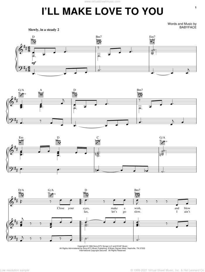I'll Make Love To You sheet music for voice, piano or guitar by Boyz II Men and Babyface, wedding score, intermediate skill level