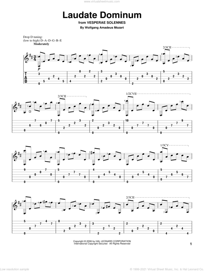 Laudate Dominum sheet music for guitar solo by Wolfgang Amadeus Mozart, classical score, intermediate skill level