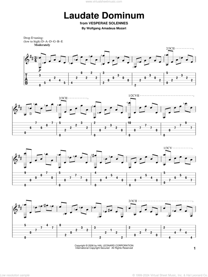 Laudate Dominum sheet music for guitar solo by Wolfgang Amadeus Mozart, classical wedding score, intermediate skill level