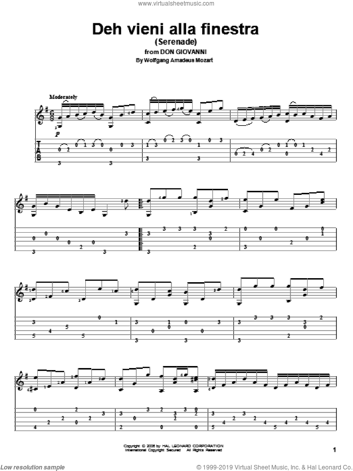 Deh Vieni Alla Finestra (Serenade) sheet music for guitar solo by Wolfgang Amadeus Mozart, classical score, intermediate skill level