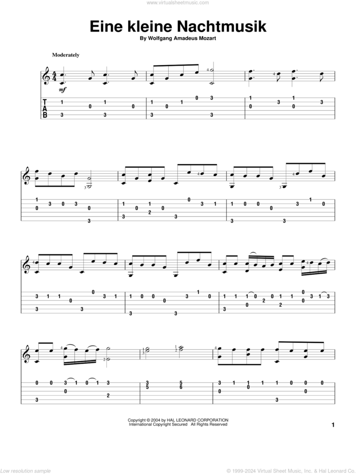 Eine Kleine Nachtmusik sheet music for guitar solo by Wolfgang Amadeus Mozart, classical wedding score, intermediate skill level