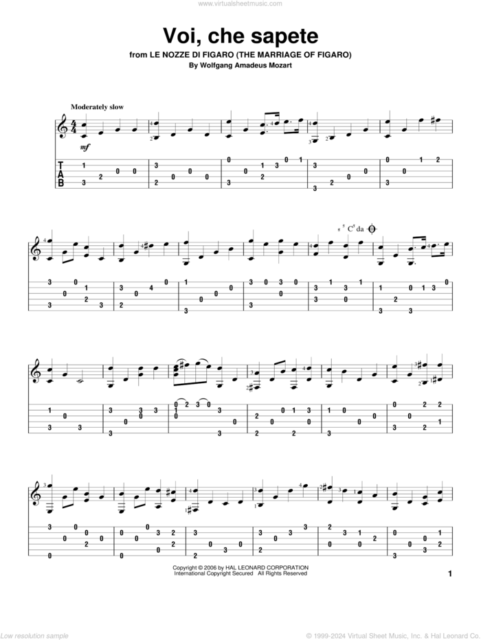 Mozart Voi Che Sapete Sheet Music For Guitar Solo Pdf