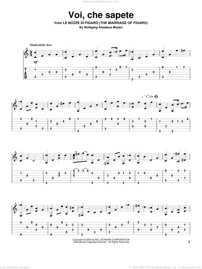 Voi, Che Sapete sheet music for guitar solo by Wolfgang Amadeus Mozart, classical score, intermediate skill level